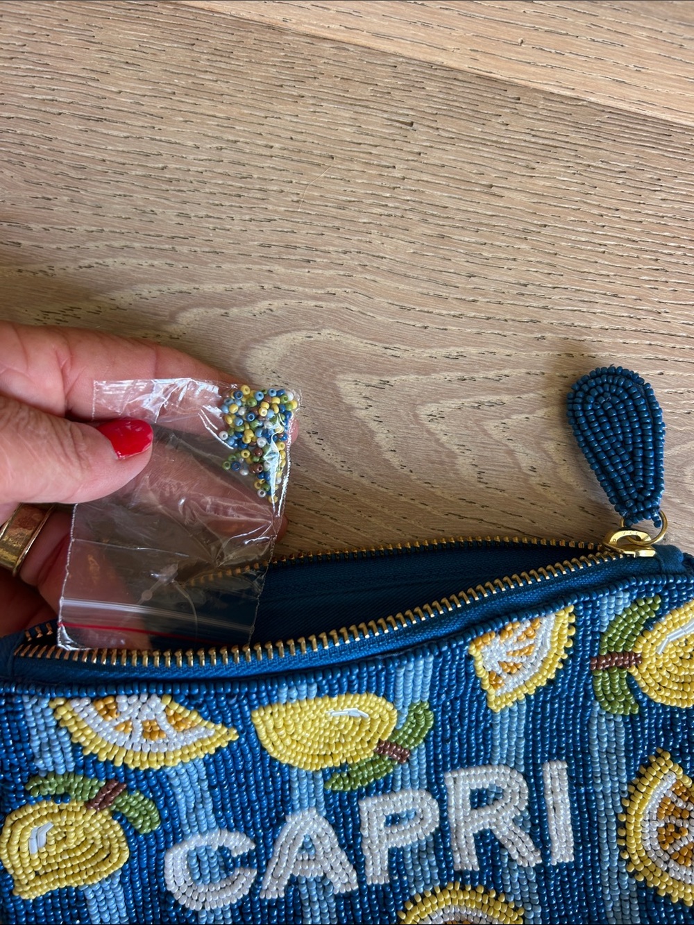 Anthropologie Blue Beaded Zip Pouch with Gold Trim - Picture 5 of 6